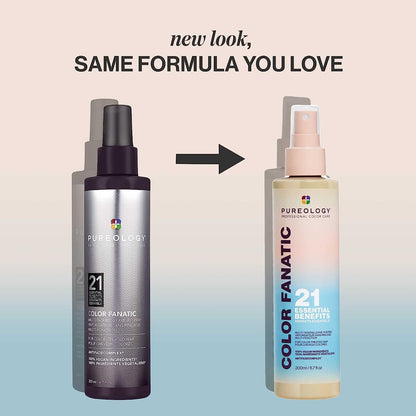 Pureology Colour Fanatic Leave-in Treatment Spray, new packaging showcasing 21 essential benefits for color-treated hair.