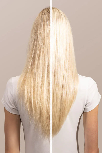 Comparison of hair before and after using Instant Bonding Glow serum, showcasing increased shine and smoothness.