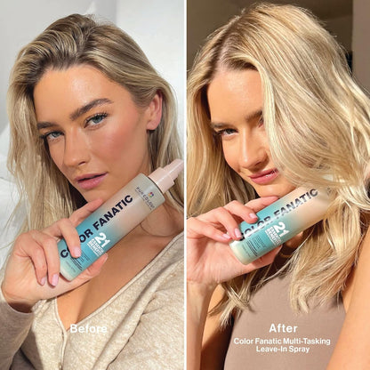 Before and after using Pureology Colour Fanatic Leave-in Treatment Spray, showcasing vibrant, healthy hair transformation.