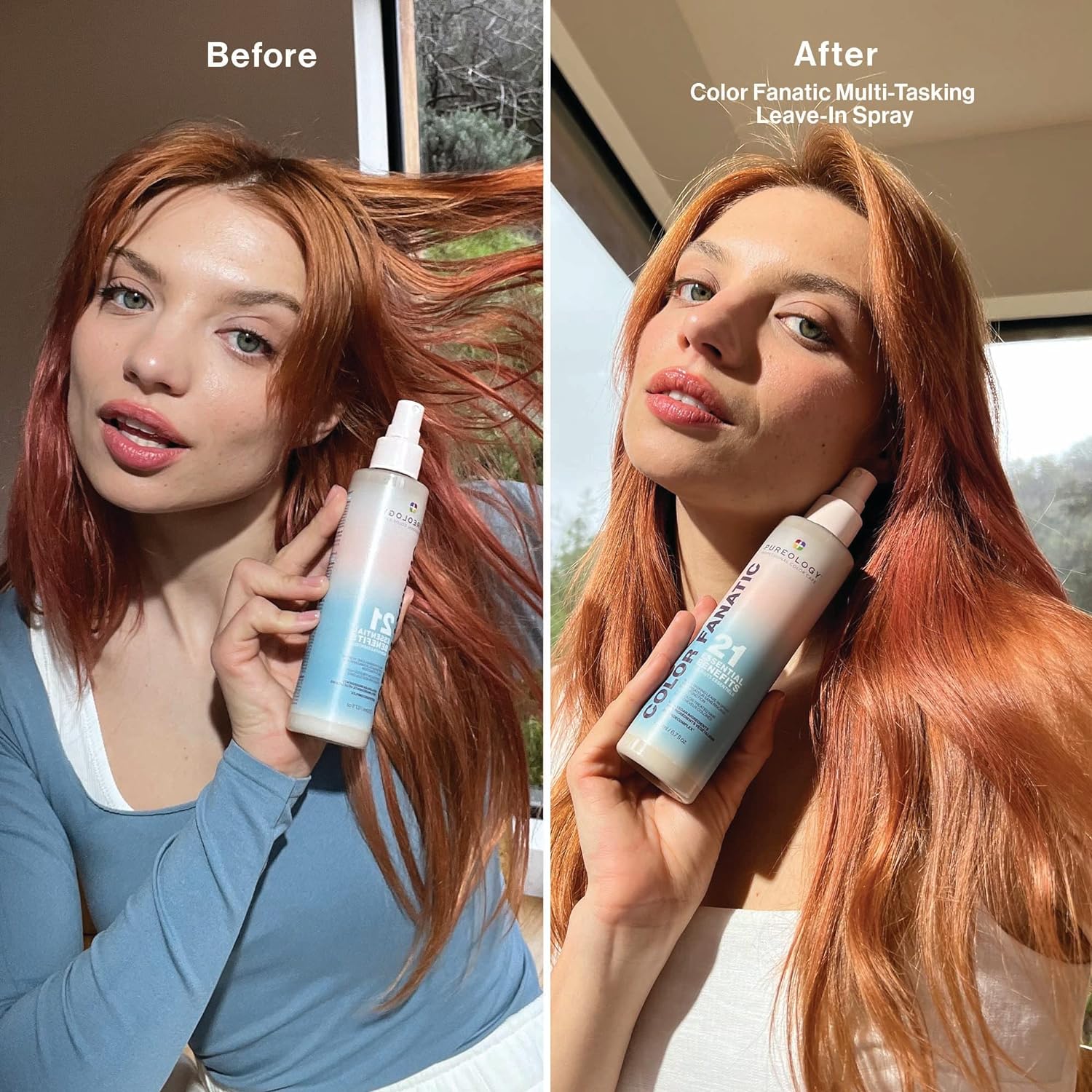 Before and after hair transformation using Pureology Colour Fanatic Leave-in Treatment Spray, showing vibrant color results.
