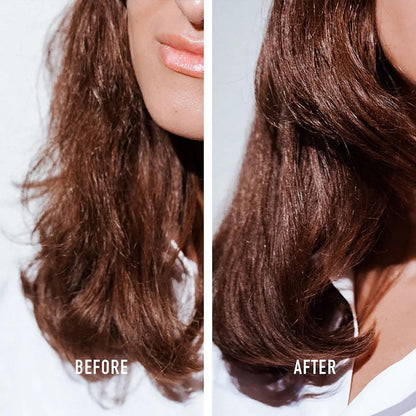 Before and after hair treatment results showing improved smoothness and shine