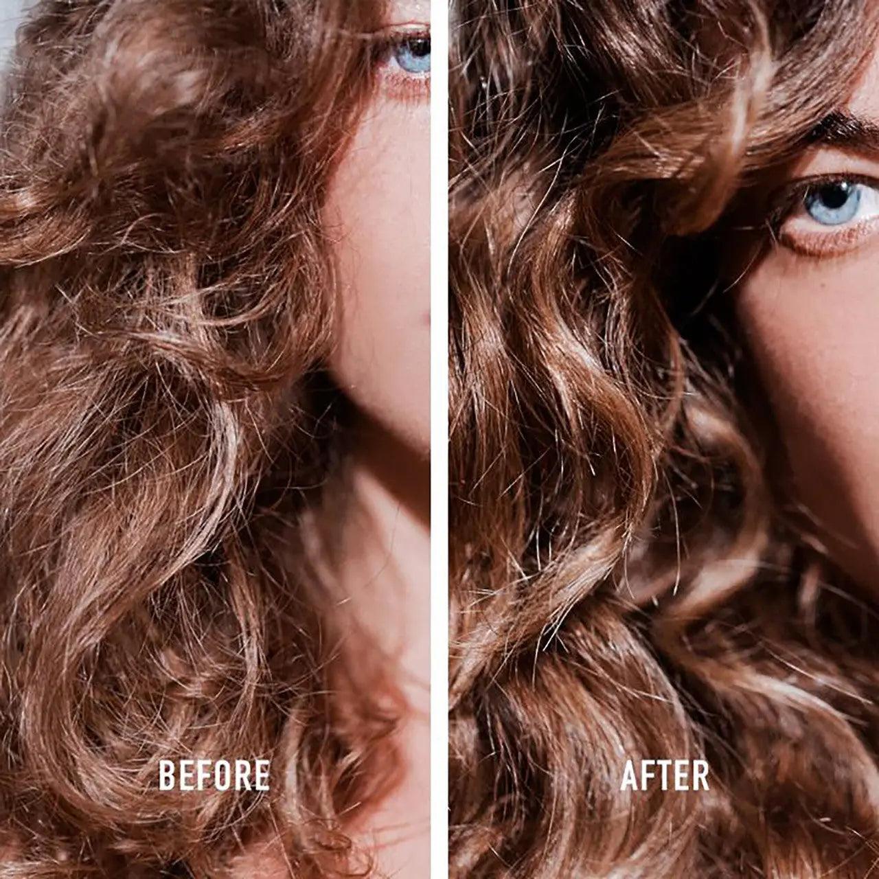 Before and after hair transformation showing frizzy hair on the left and smooth, defined curls on the right.