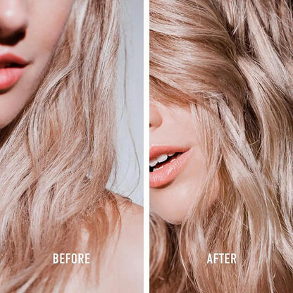 Before and after blonde hair transformation showing shiny, healthy locks