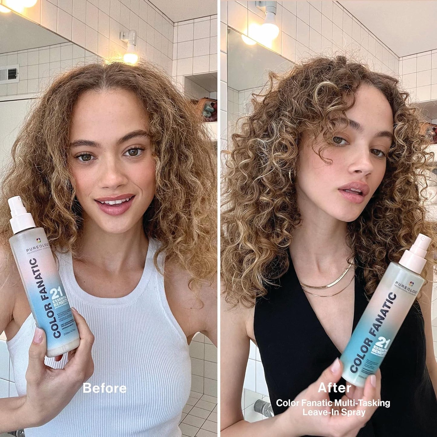 Before and after showing Pureology Colour Fanatic Leave-in Treatment Spray effects on curly hair.