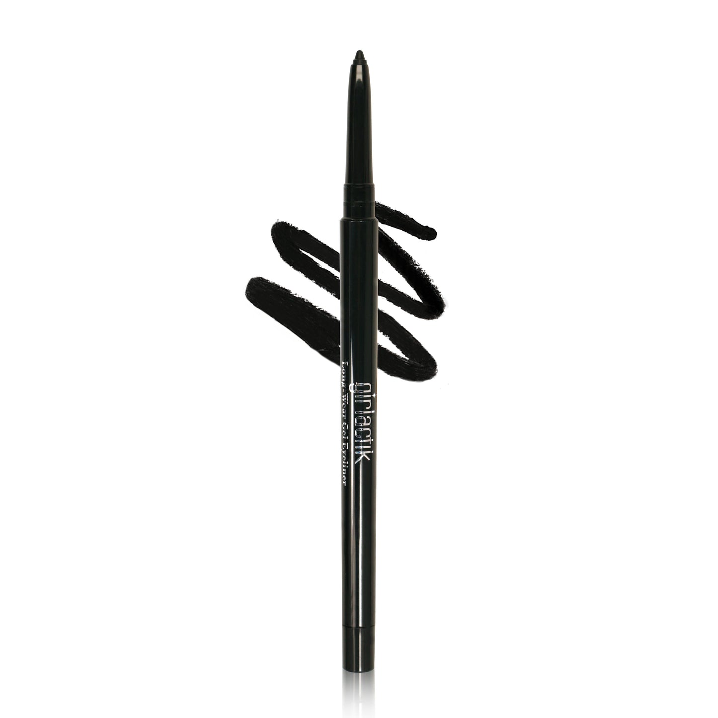 Long-Wear Gel Eyeliner pencil in matte black with swatch, featuring a sharpener on the bottom for easy application.