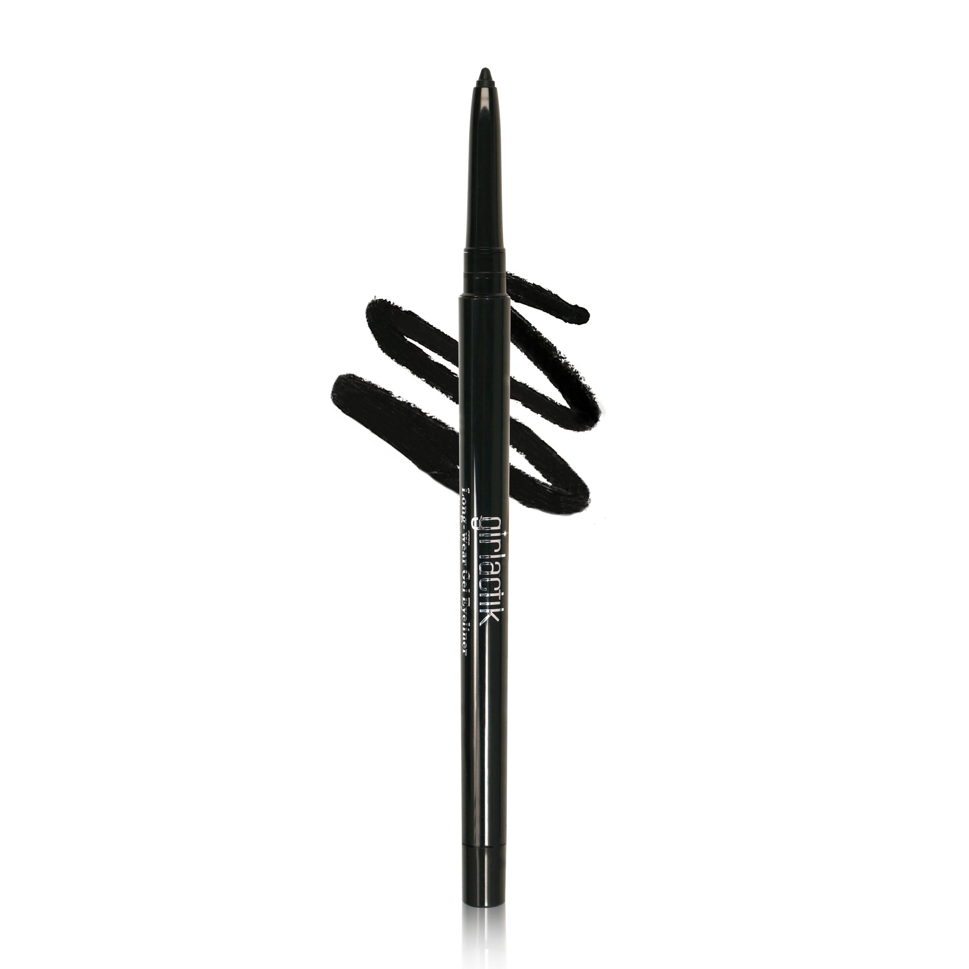Long-Wear Gel Eyeliner pencil in matte black with swatch, featuring a sharpener on the bottom for easy application.