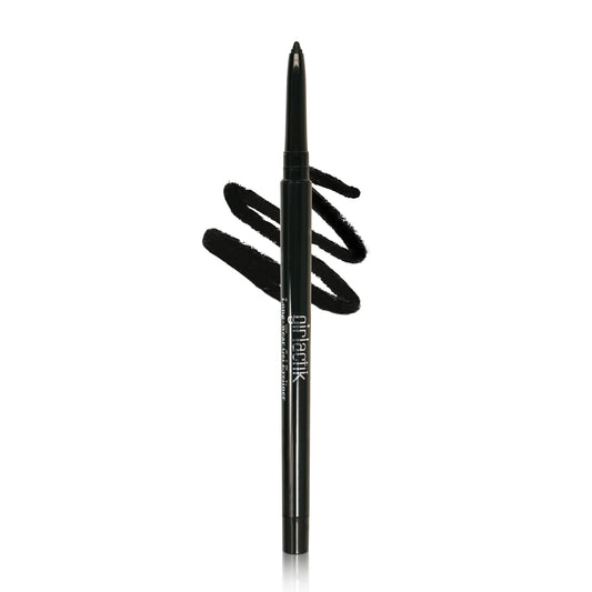 Long-Wear Gel Eyeliner pencil in matte black with swatch, featuring a sharpener on the bottom for easy application.