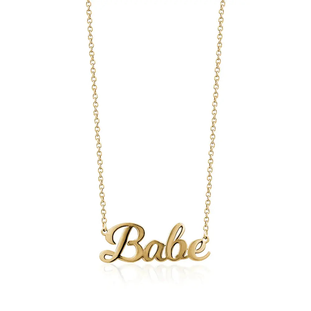Gold-plated "Babe" necklace, 16-inch sterling silver chain, honoring Claudia with every purchase supporting the Miriam Foundation.