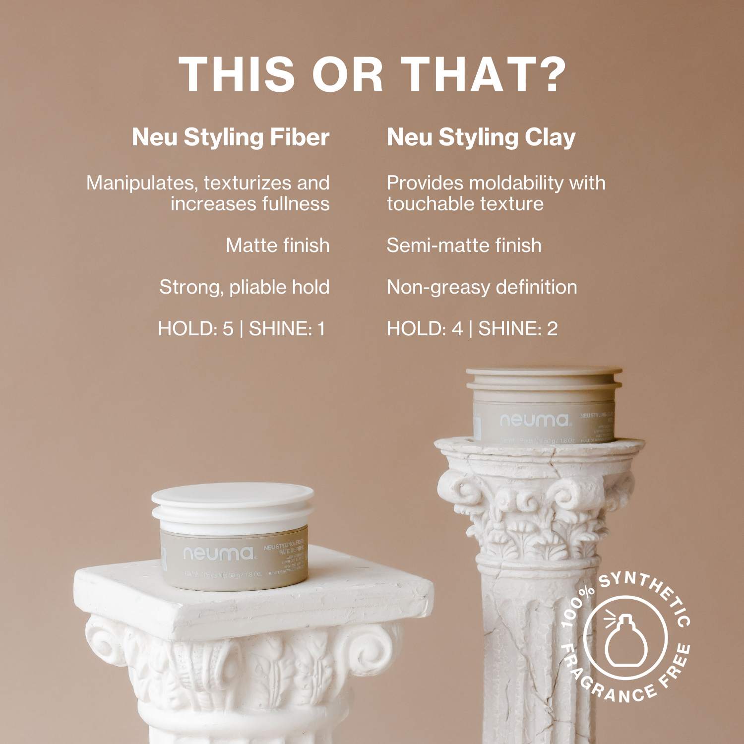 Neu Styling Fiber and Clay comparison on pillars, showcasing textures, finishes, and hold levels for styling.