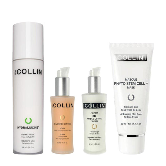 Firming Bundle for Dry Skin featuring Hydramucine Cleansing Milk, 3D Visible Lifting Serum, Cream, and Phyto Stem Cell+ Mask.