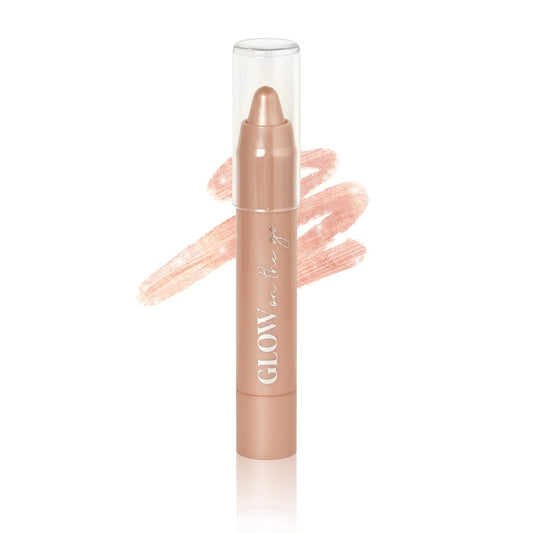 Glow On-The-Go multi-use beauty stick with a shimmering rose hue for instant skin brightness and effortless application.