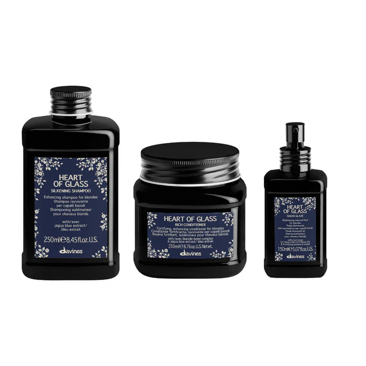 Davines Heart of Glass Gift Set featuring Silkening Shampoo, Rich Conditioner, and Sheer Glaze for blonde hair care.