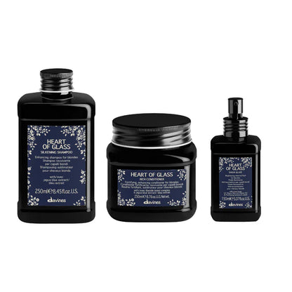 Davines Heart of Glass Gift Set featuring Silkening Shampoo, Rich Conditioner, and Sheer Glaze for blonde hair care.