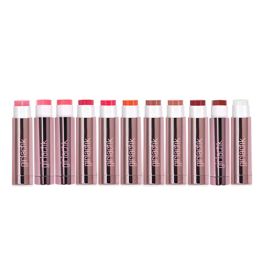Girlactik Jello Gloss Balm collection in various shades for glossy, nourished lips with a pink lemonade scent.