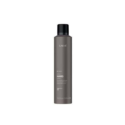 K.Finish Hard Strong Hold Hairspray in sleek gray bottle for ultra-strong and long-lasting hair hold, 10.2 fl oz.