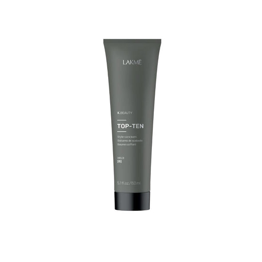 K.Beauty Top-Ten Style-care Balm in sleek gray tube, leave-in hair balm for silky shine and frizz reduction.