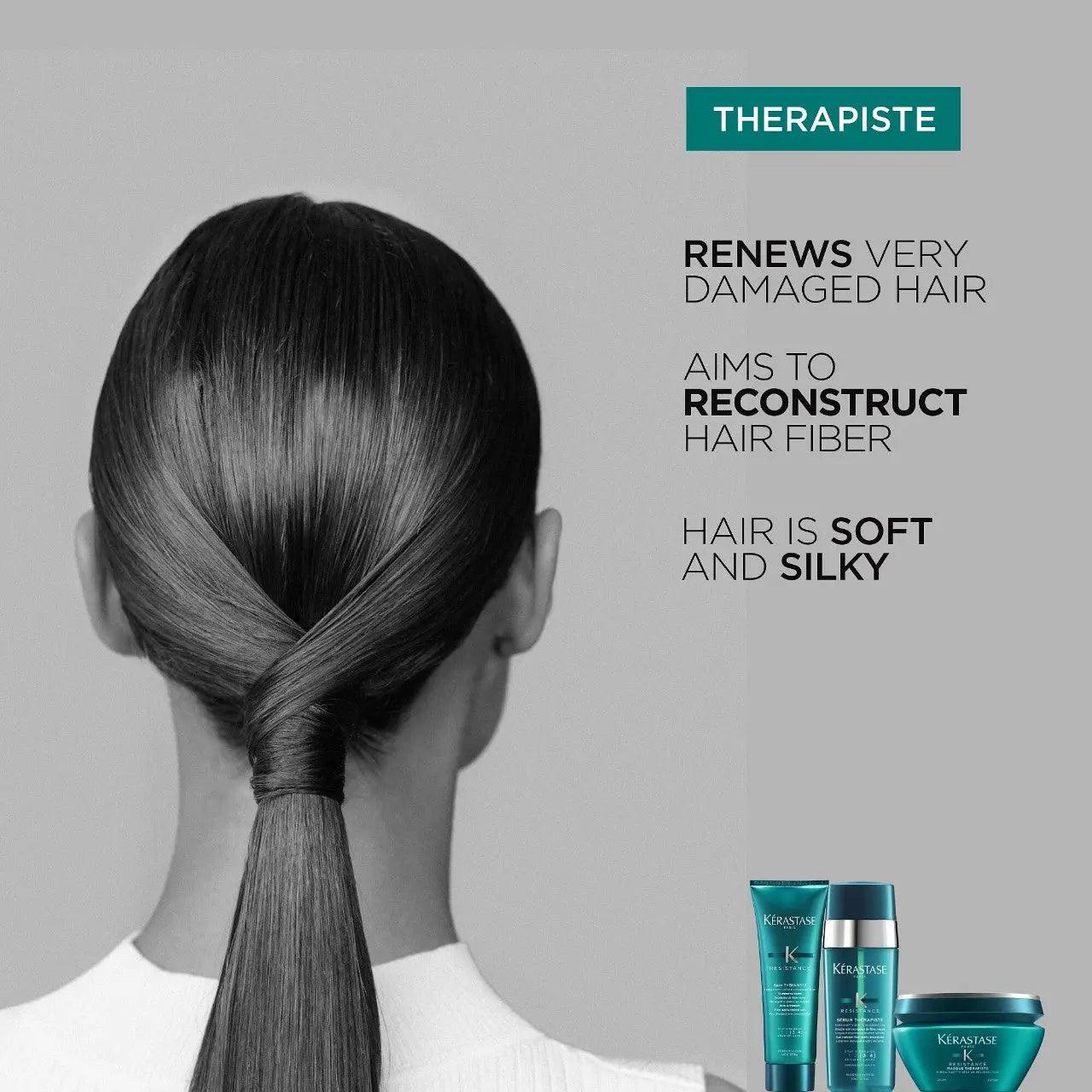 Kerastase Resistance Masque Thérapiste promoting soft, silky hair and repairing very damaged hair fiber.