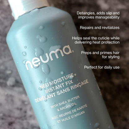 Neu Moisture Instant Fix spray bottle for detangling, hydration, and daily hair protection with shea butter and argan oil.