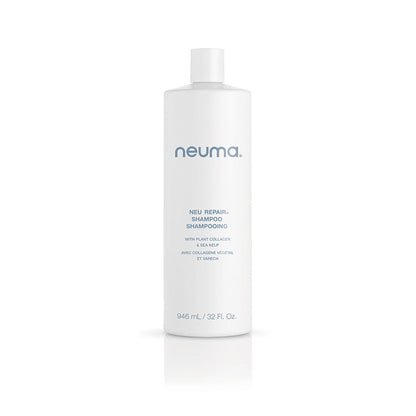 Neu Repair Shampoo bottle for revitalizing damaged hair, featuring lemon, lavender, and fir needle aroma, sulfate-free formula.