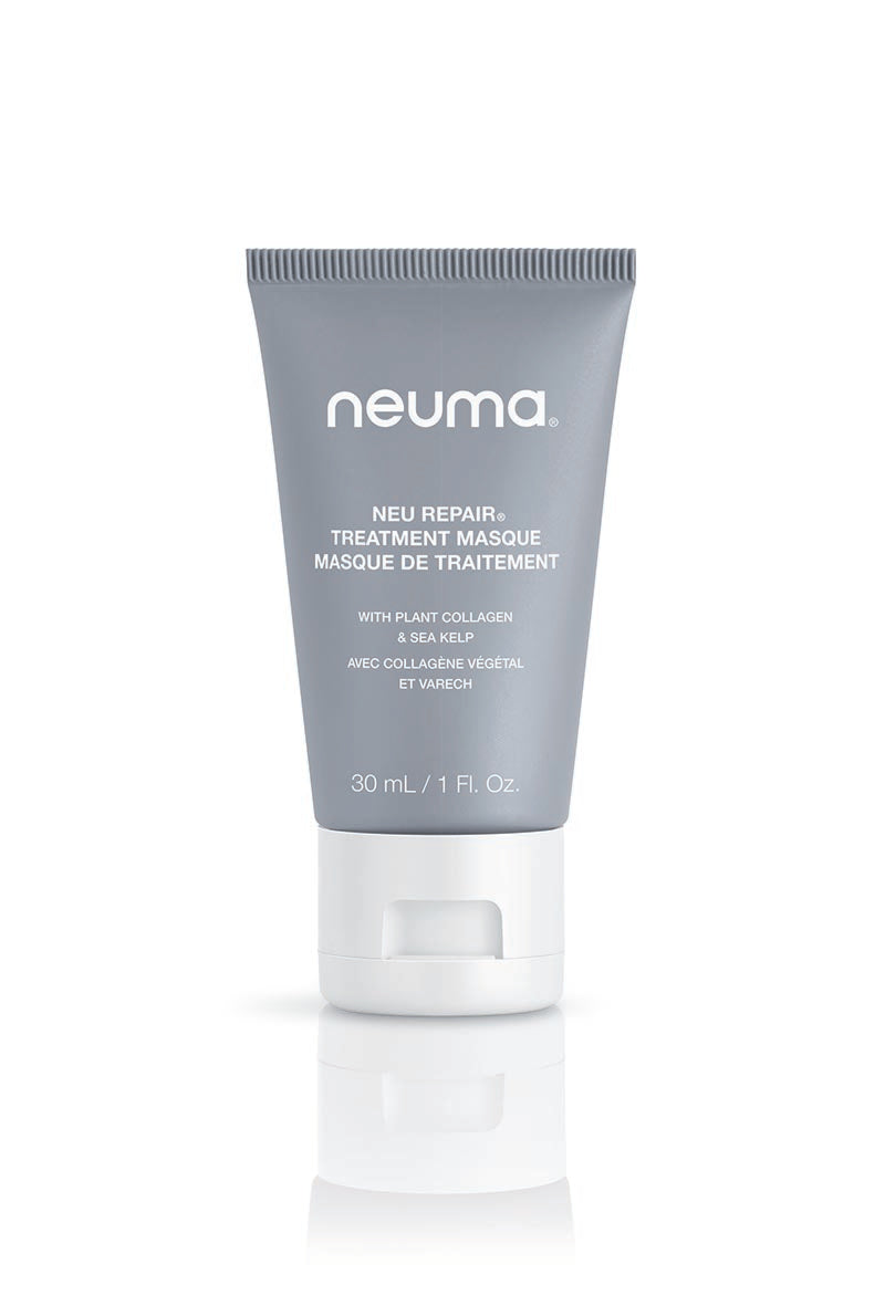 Neu Repair Treatment Masque in a 30ml tube, infused with plant collagen and sea kelp for hair restoration and nourishment.