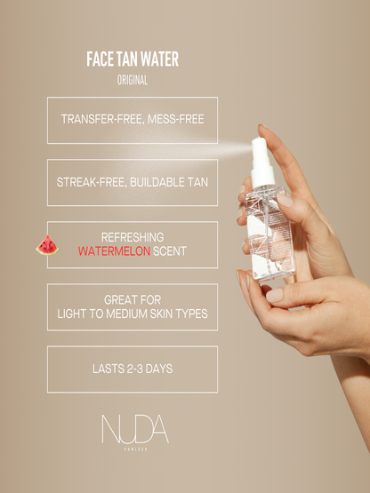 Clear face tan water mist bottle with watermelon scent, promoting streak-free, buildable tan for light to medium skin types.