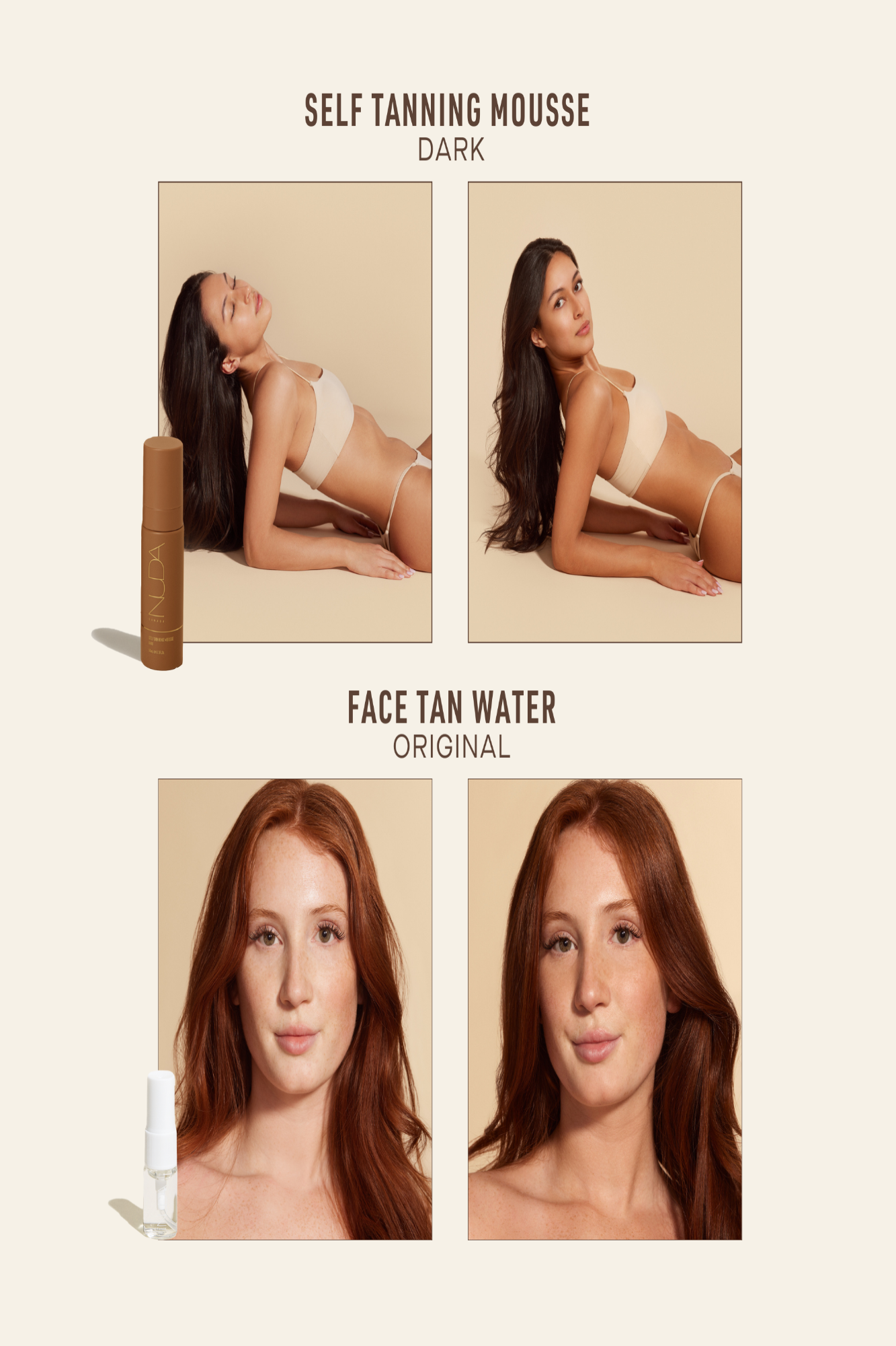 Self Tanning Mousse and Face Tan Water displayed with models showcasing glowing skin for a flawless tan.