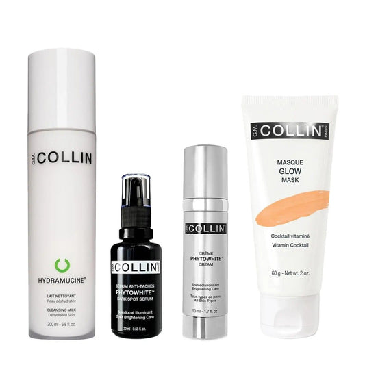 Pigment Control Bundle for Dry Skin featuring Hydramucine Cleansing Milk, Phytowhite Serum, Cream, and Glow Mask.