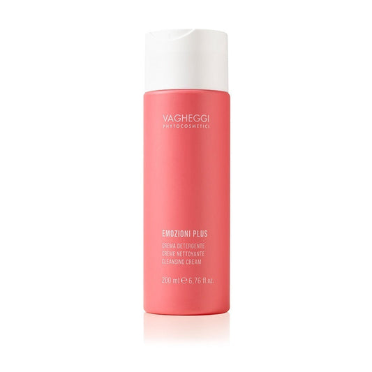 Emozioni Plus Cleansing Cream in a 200 ml bottle, featuring turmeric extracts and blueberry for gentle skin cleansing.