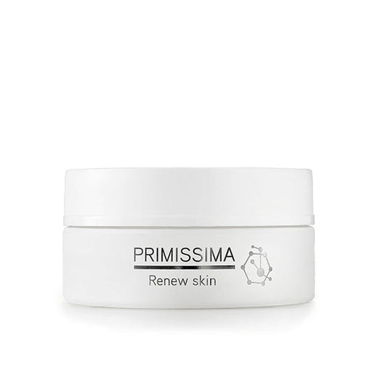 Primissima Renew Skin Face Cream jar promoting cell renewal and targeting pigment spots and wrinkles.