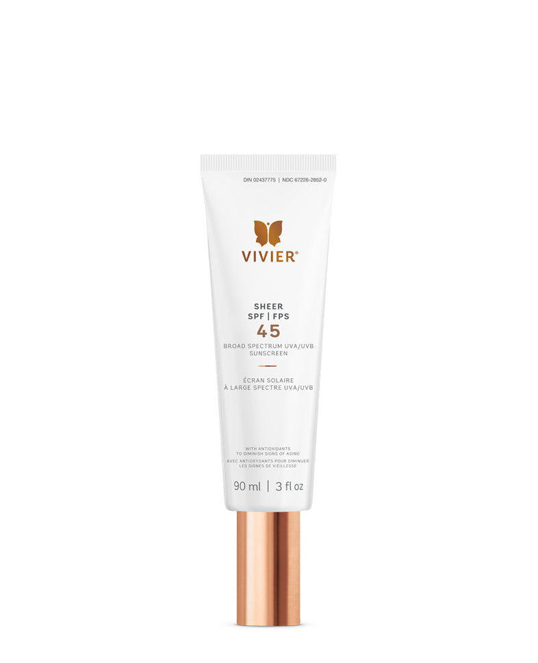Vivier SHEER SPF 45 sunscreen tube with matte finish, offering broad-spectrum protection and silky hydration for all skin types.
