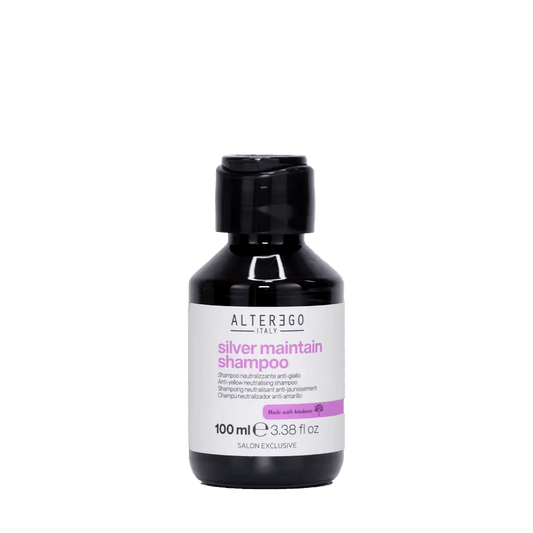 Silver Maintain Shampoo 100ml bottle by Alter Ego, gently cleanses, enhances shine, and fights yellow tones.