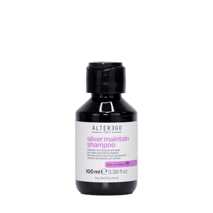 Silver Maintain Shampoo 100ml bottle by Alter Ego, gently cleanses, enhances shine, and fights yellow tones.