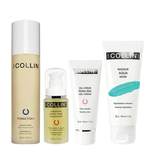 Soothing Bundle for Normal/Combo Skin including Puractive+ Cleansing Gel, Vasco-Tonic Concentrate, Rosa Sea Gel-Cream, and Aqua Mask.