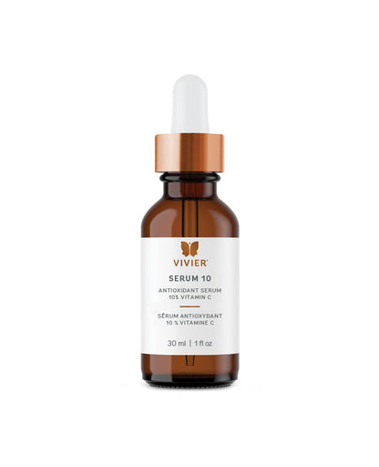 Vivier Serum 10 antioxidant serum with 10% Vitamin C in a 30ml glass dropper bottle, perfect for all skin types.
