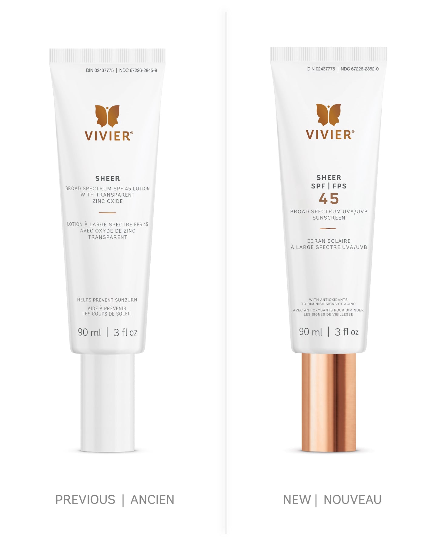 Vivier SHEER SPF 45 sunscreen tubes, showcasing previous and new packaging design for broad-spectrum sun protection.