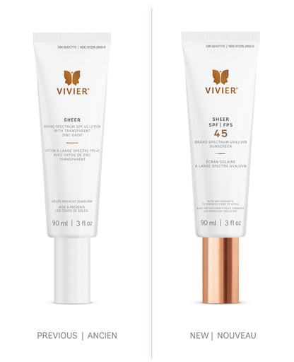 Vivier SHEER SPF 45 sunscreen tubes, showcasing previous and new packaging design for broad-spectrum sun protection.