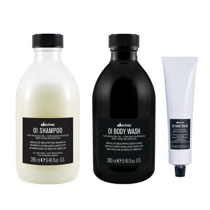 Davines OI Lifestyle Gift Set featuring OI Shampoo, OI Body Wash, and OI Hand Balm for hair and body care.