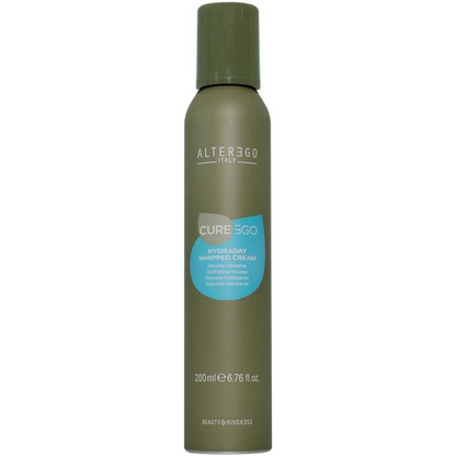 Whipped cream hair mousse by Alter Ego Italy in a green can, 200 ml for shiny, soft hair, free from parabens and artificial colorants.