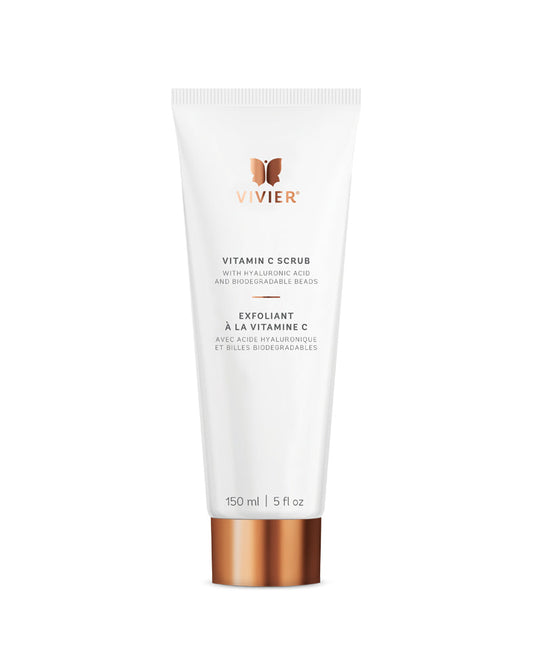 Vivier Vitamin C Scrub 150ml tube, a revitalizing exfoliant with biodegradable beads and hyaluronic acid for glowing skin.