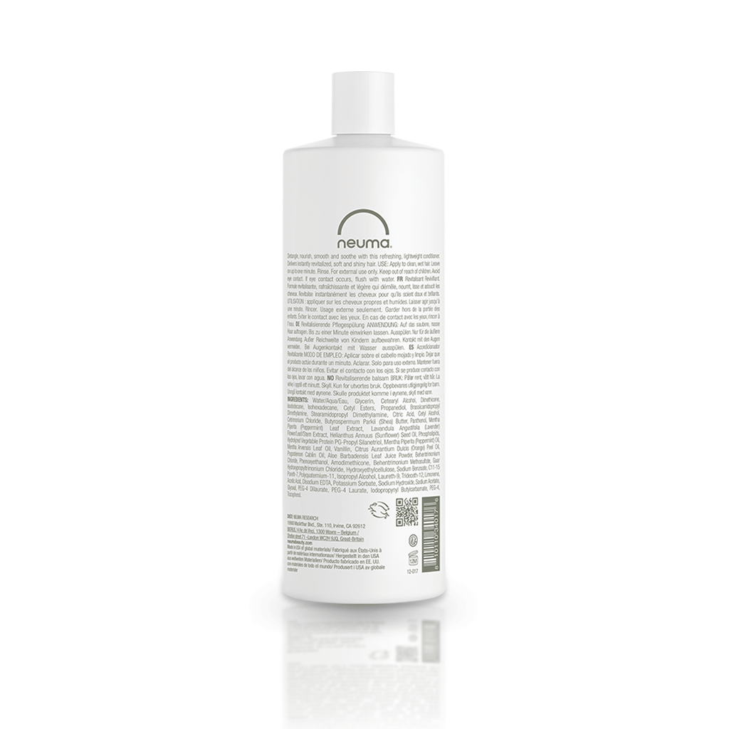 Neuma Re Neu Conditioner bottle showcasing lightweight formula for soft, shiny hair with peppermint and vanilla aroma.