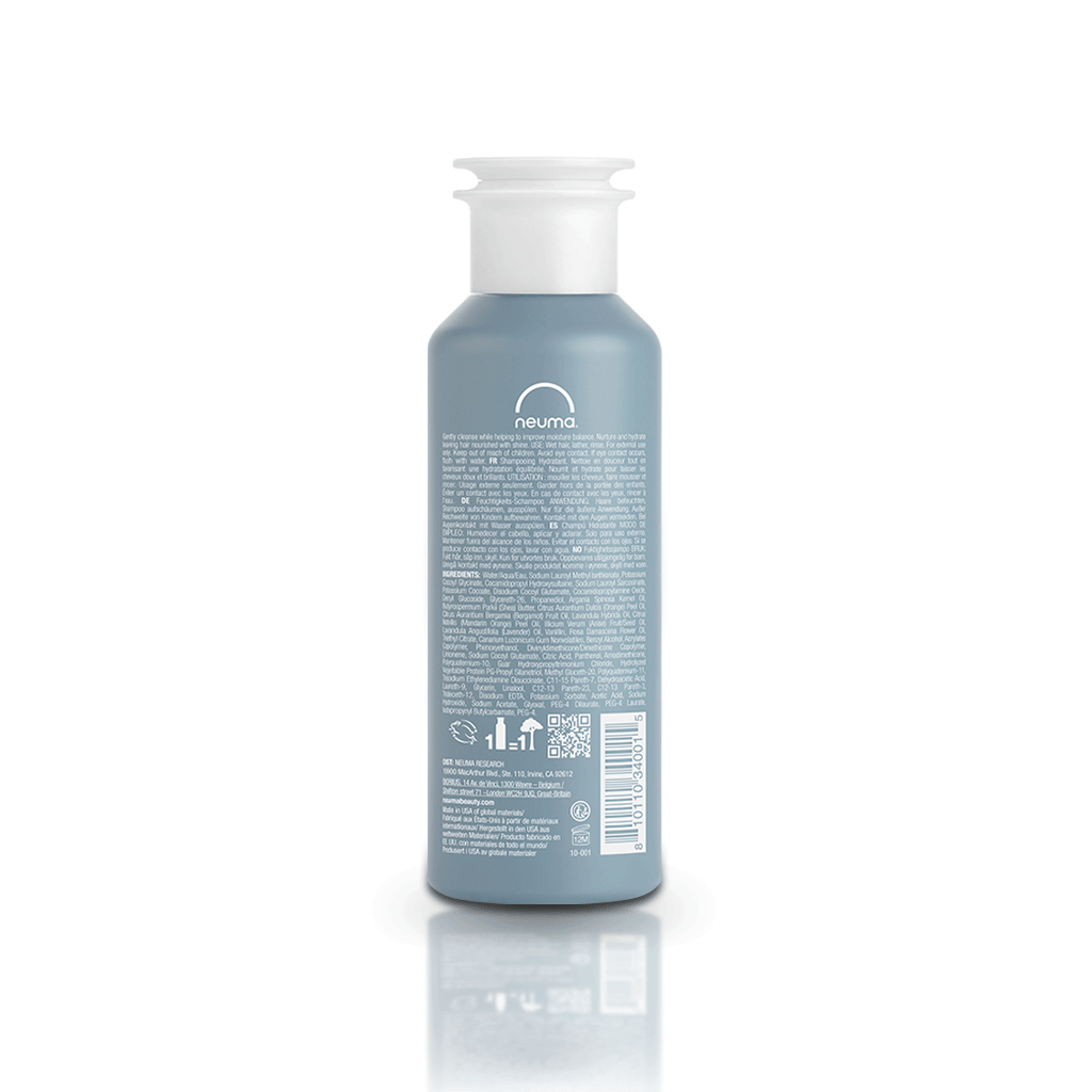 Neuma Moisture Shampoo bottle showcasing the back label with product details and ingredients. Suitable for daily use.