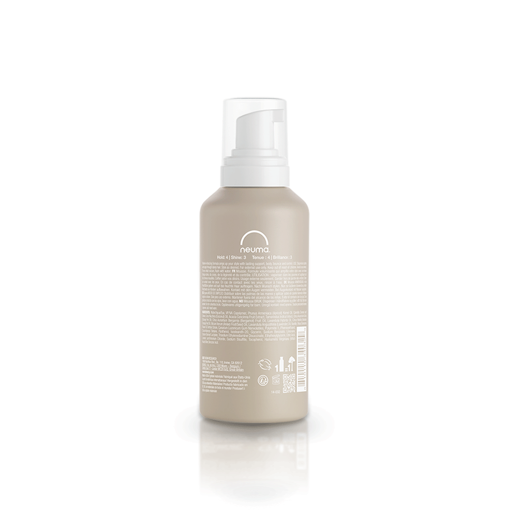 Neu Styling Mousse bottle showcasing non-aerosol, alcohol-free formula for volume, body, and control with lavender aroma.