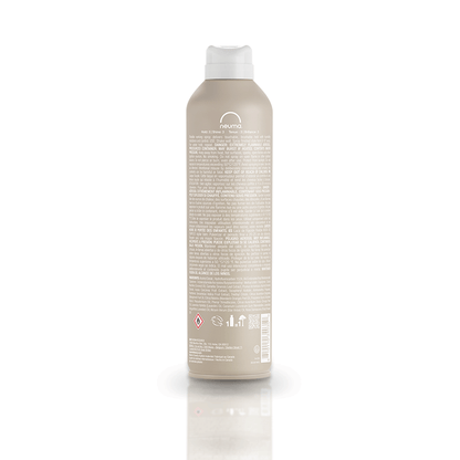 Neu Styling Flexible Hairspray bottle with product details on the back, showcasing lavender, mandarin, and vanilla aroma.