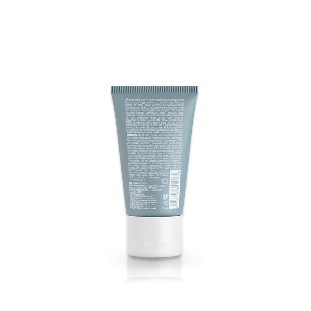 Neu Moisture Shampoo tube displaying ingredient details and instructions for use on a clean background.
