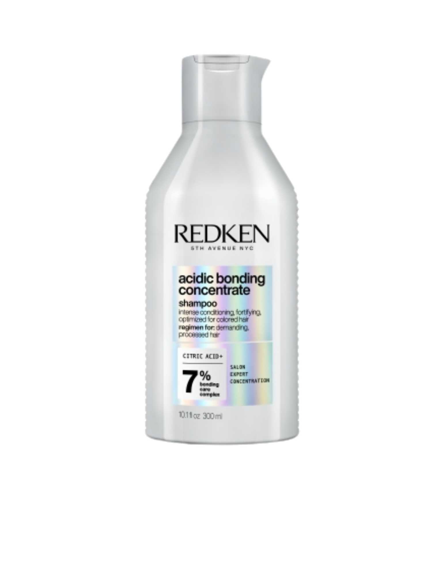 Redken Acidic Bonding Concentrate Shampoo bottle, 300ml, designed for cleansing and repairing damaged hair.