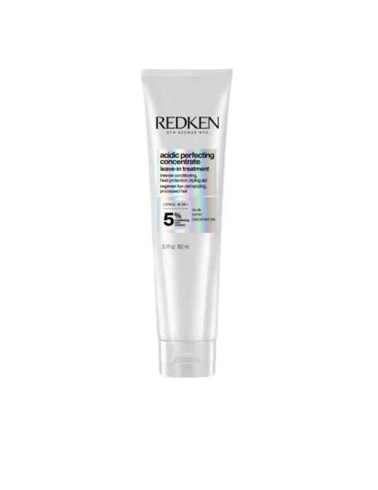 Redken Acidic Perfecting Concentrate Leave-in Treatment tube for restoring pH balance and enhancing hair health.