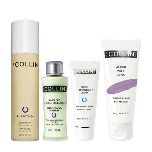 Acne treatment bundle for normal/combination skin, including Puractive+ cleanser, essential oil complex serum, moisturizer, and mask.