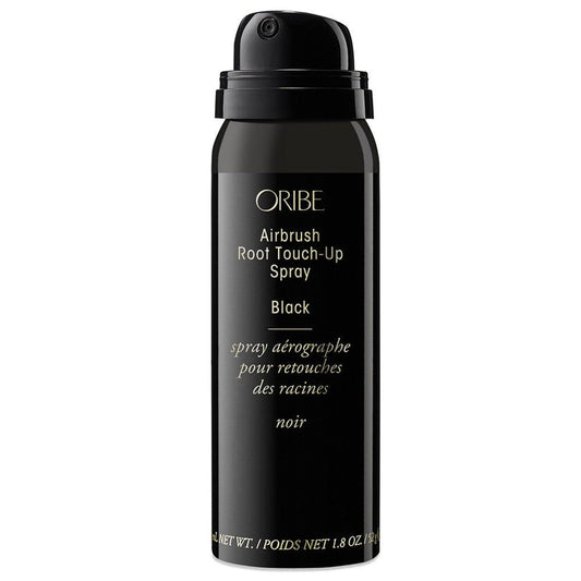 Oribe Airbrush Root Touch-Up Spray in black for covering hair roots, 1.8 oz can. Ideal for quick hair root touch-ups and color enhancement.