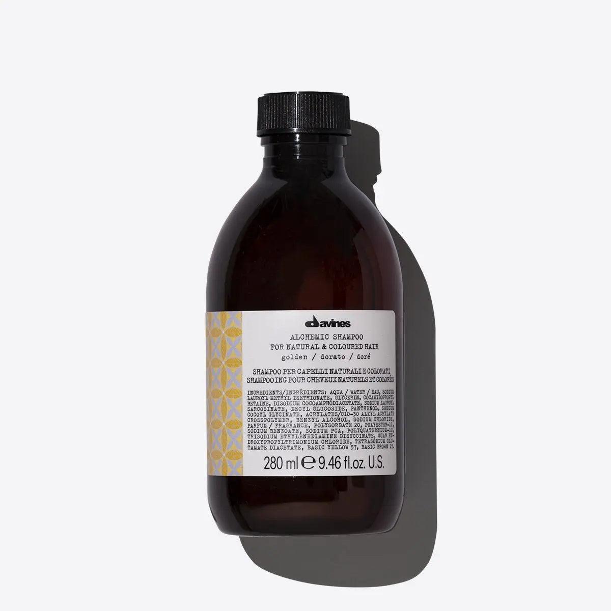 Alchemic Shampoo Golden bottle for enhancing golden and honey-blonde hair tones, 280 ml by Davines.