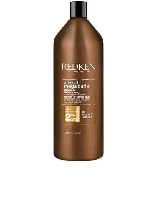 Redken All Soft Mega Curls Shampoo 1L bottle designed for hydrating and defining curly hair.